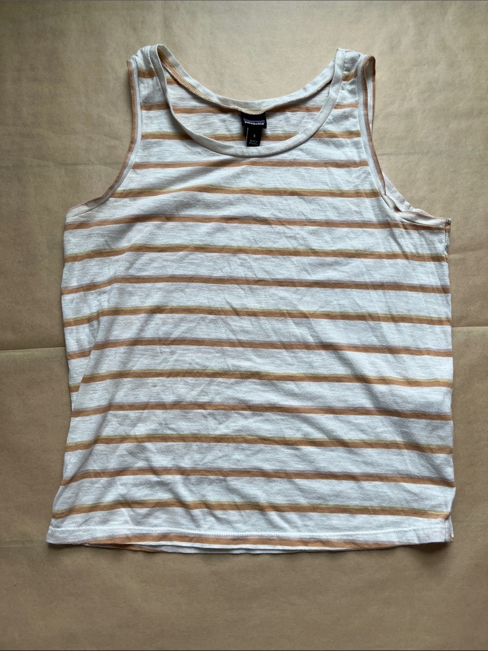Patagonia White and Light Tan/Orange Striped Tank